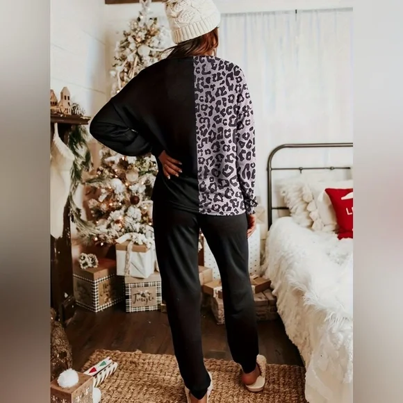 Leopard Round Neck Sweatshirt and Pants Lounge Set
